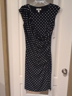Cap-Sleeve Navy Polka Dot Midi Dress with Draped Front